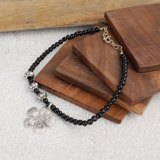 ๐ธ Blossom Bloom Anklet โ Black Beads with Silver Floral Charm