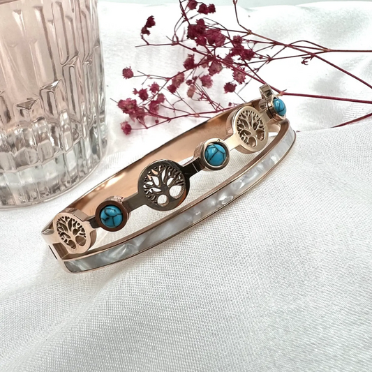 🌿 Tree of Life Rose Gold Bangle with Turquoise – Boho Spirit Bracelet for Women 💫