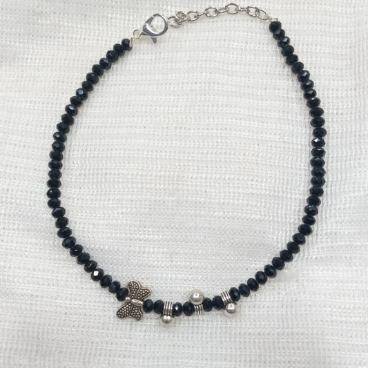 🦋 Twilight Whisper Anklet – Black Beads with Silver Butterfly Charm