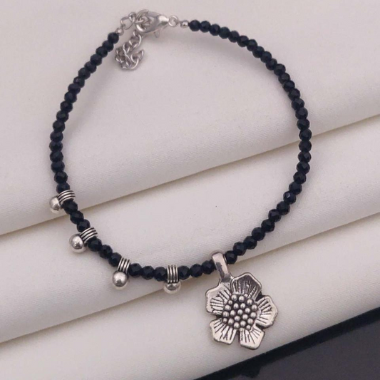 🌸 Blossom Bloom Anklet – Black Beads with Silver Floral Charm