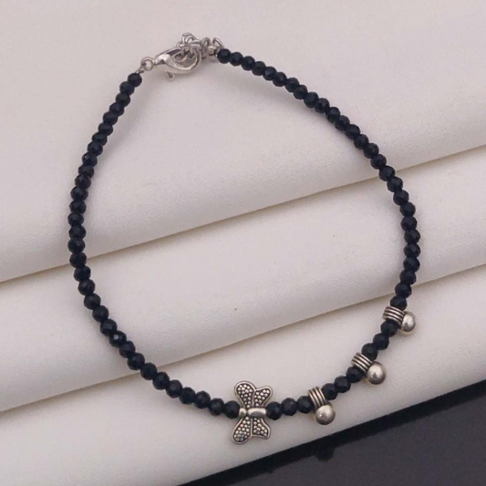 🦋 Twilight Whisper Anklet – Black Beads with Silver Butterfly Charm