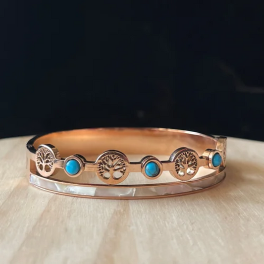🌿 Tree of Life Rose Gold Bangle with Turquoise – Boho Spirit Bracelet for Women 💫