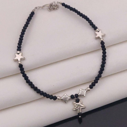 ✨ Midnight Star Anklet – Handcrafted Black Beads & Silver Charms ✨