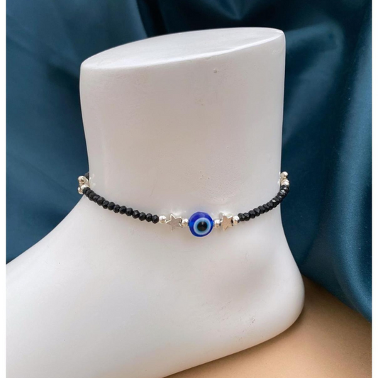 🧿 Starlit Guard Anklet – Evil Eye with Black Beads & Silver Stars