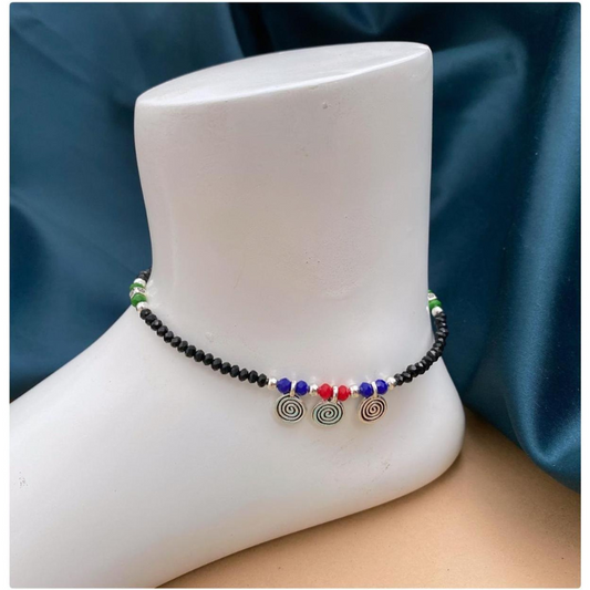 🌈 Tribal Twirl Anklet – Multicolor Beads & Spiral Charm Vibes