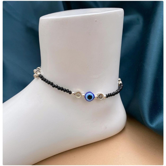 🌞 Sunlit Shield Anklet – Evil Eye with Black Beads & Silver Sunbursts