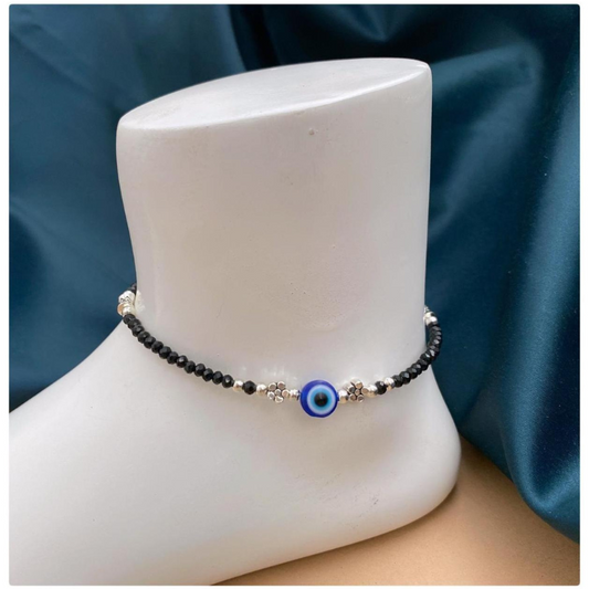 🧿 Mystic Evil Eye Protection Anklet – Black Beads & Silver Charm Elegance