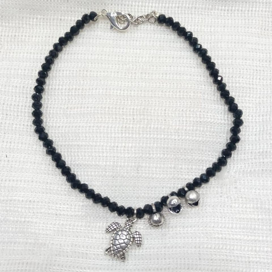 🐢 “Ocean Soul” Black Beaded Anklet with Turtle Charm – Grace, Strength & Serenity 🌊✨